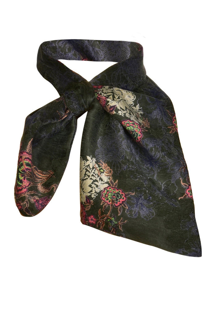 a black Twilly Neck Scarf with a floral pattern from Sarvin.