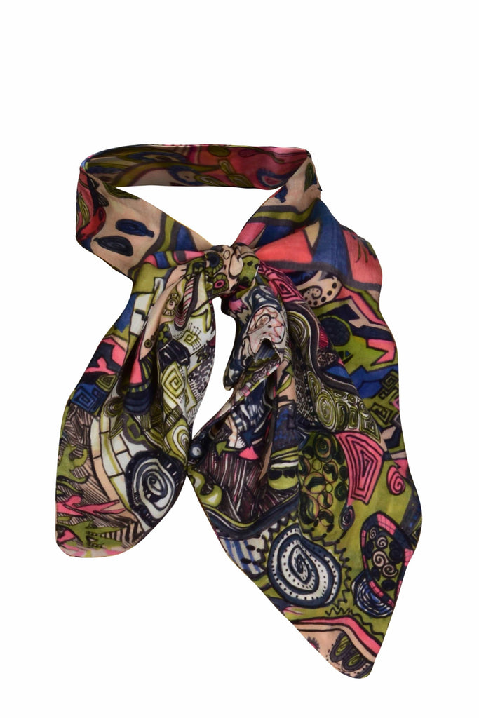 a Twilly Neck Scarf with a colorful pattern on it from Sarvin.