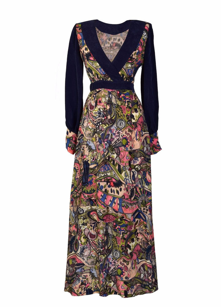 A Sarvin Printed Long Sleeve Maxi Dress with a floral pattern on it.