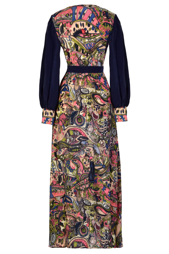 a Sarvin Printed Long Sleeve Maxi Dress with a colorful pattern on it.