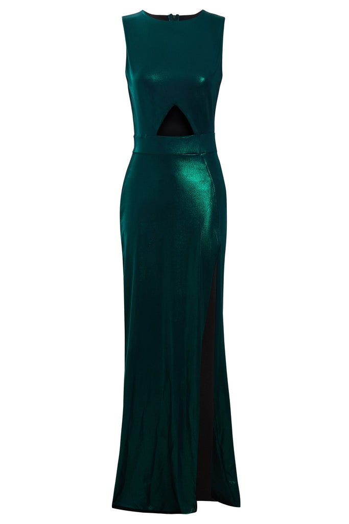 a Sarvin green metallic dress with a cut out slit.