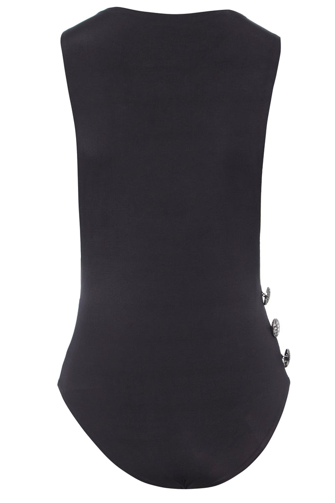 a black dropped armholes bodysuit with buttons on the back by Sarvin
