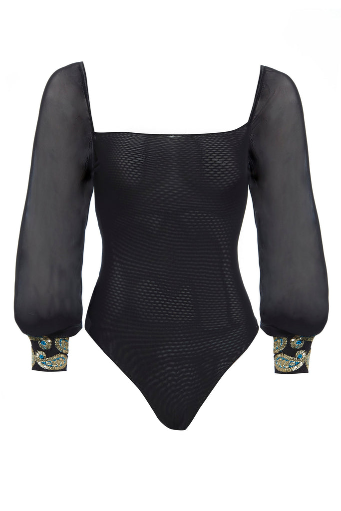 a Sarvin Black Mesh Bodysuit Long Sleeve with embroidered sleeves.