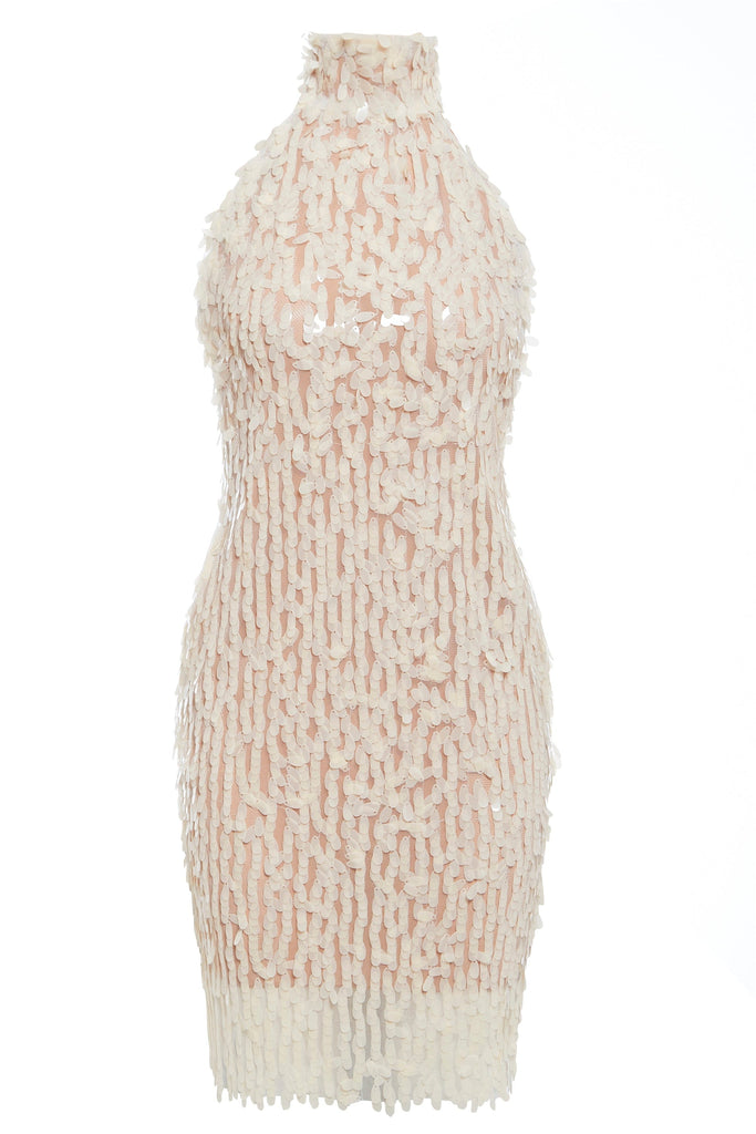 a white sequined Backless Mini Dress with a halter neck from Sarvin.