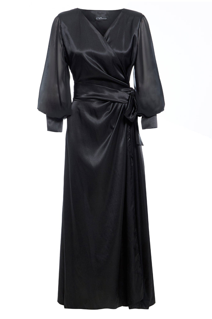 black satin wrap dress