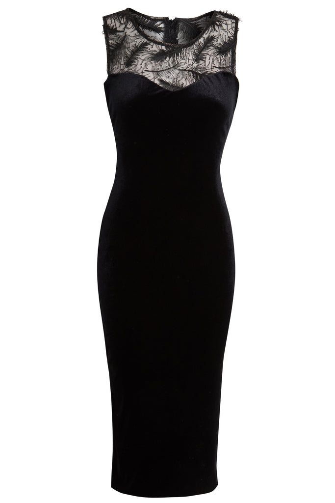 a black velvet Sweetheart Neckline Dress with lace detailing by Sarvin.
