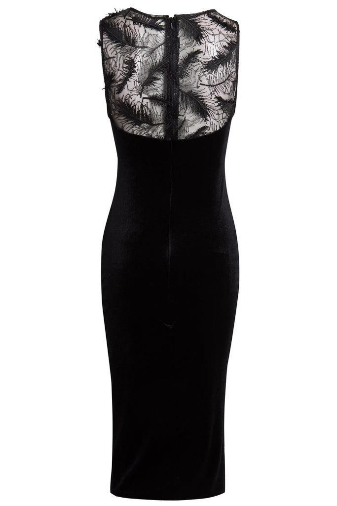 The back view of a Sarvin black Velvet Bodycon Dress.