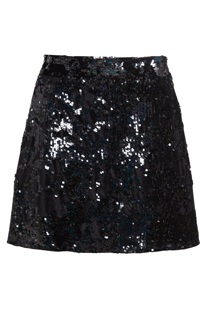 A Sarvin black sequin skirt with silver sequins.