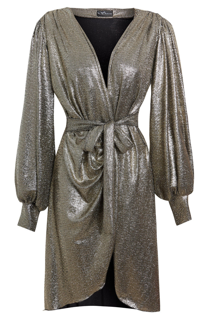 The Sequin Wrap Dress by Sarvin is shown on a white background.