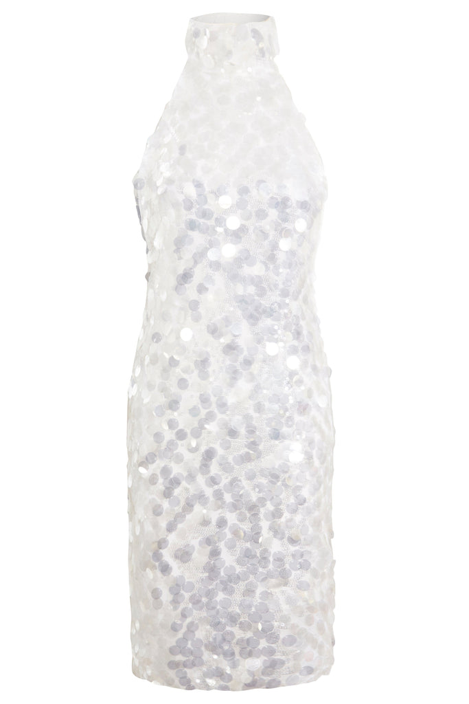 a Sarvin White Backless Mini Dress with sequins on it.