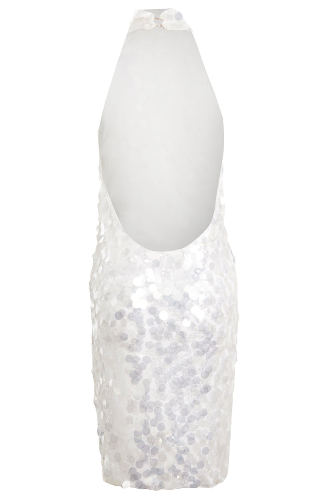 a Sarvin White Backless Mini Dress on a white background.