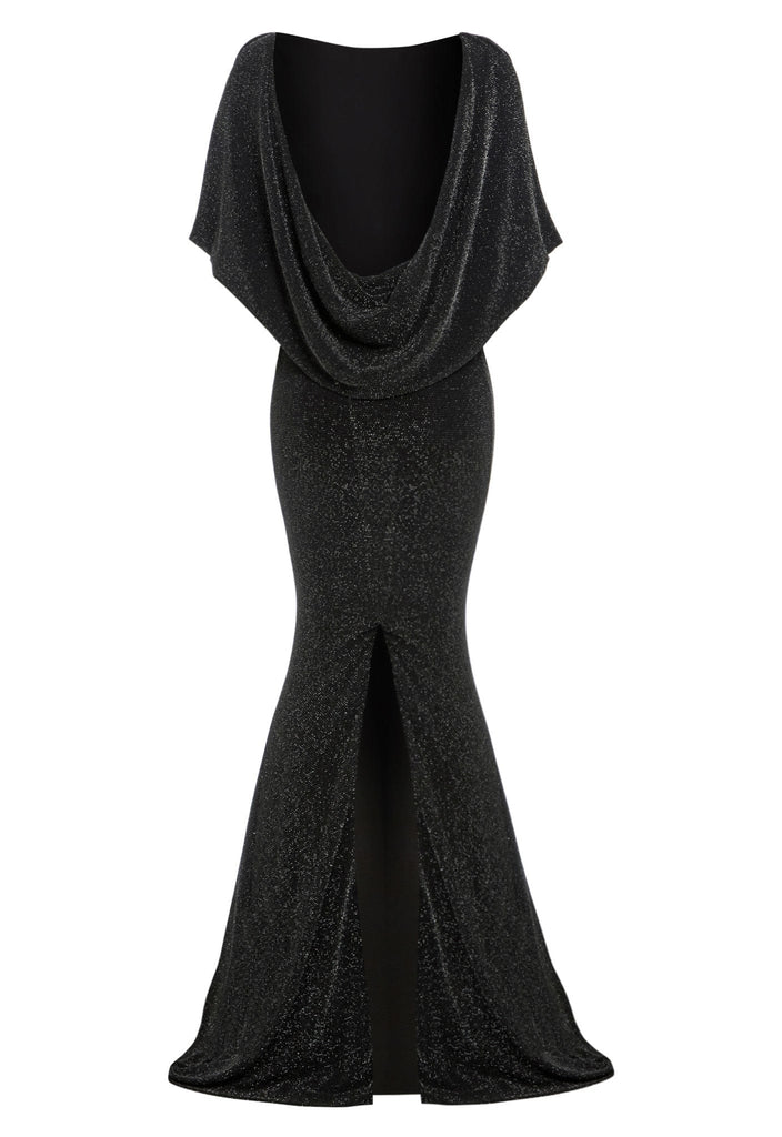 The Sarvin Black Cowl Back Gown with a slit.