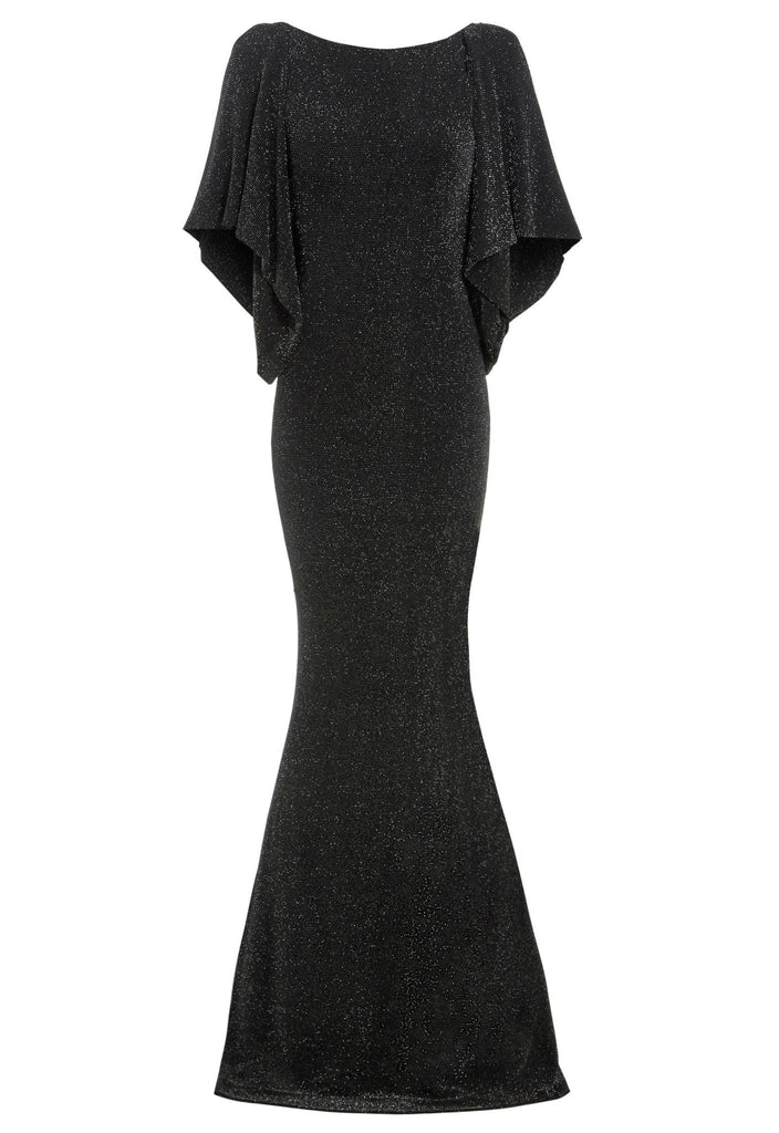 a Black Cowl Back Gown (Sarvin) with flutter sleeves.
