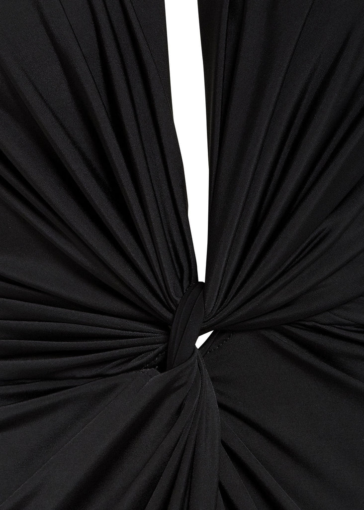 a close up of a Sarvin Black Twisted Front Dress.