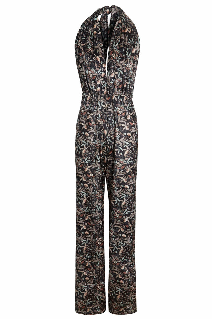a women's Floral Velvet Backless Jumpsuit with a camouflage print by Sarvin.
