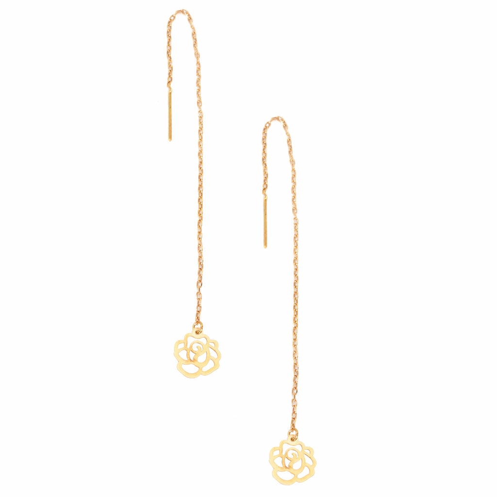 A pair of Sarvin Gold Thread Through Earrings with a flower on them.