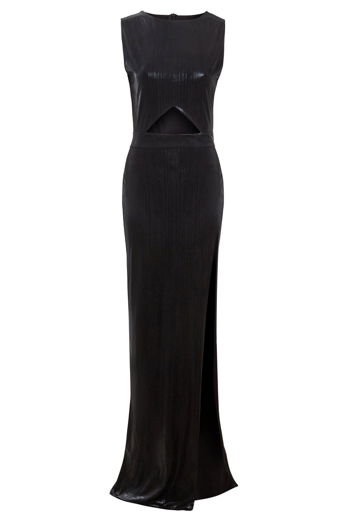 a Sarvin Black Cut Out Maxi Dress with a slit on the side.
