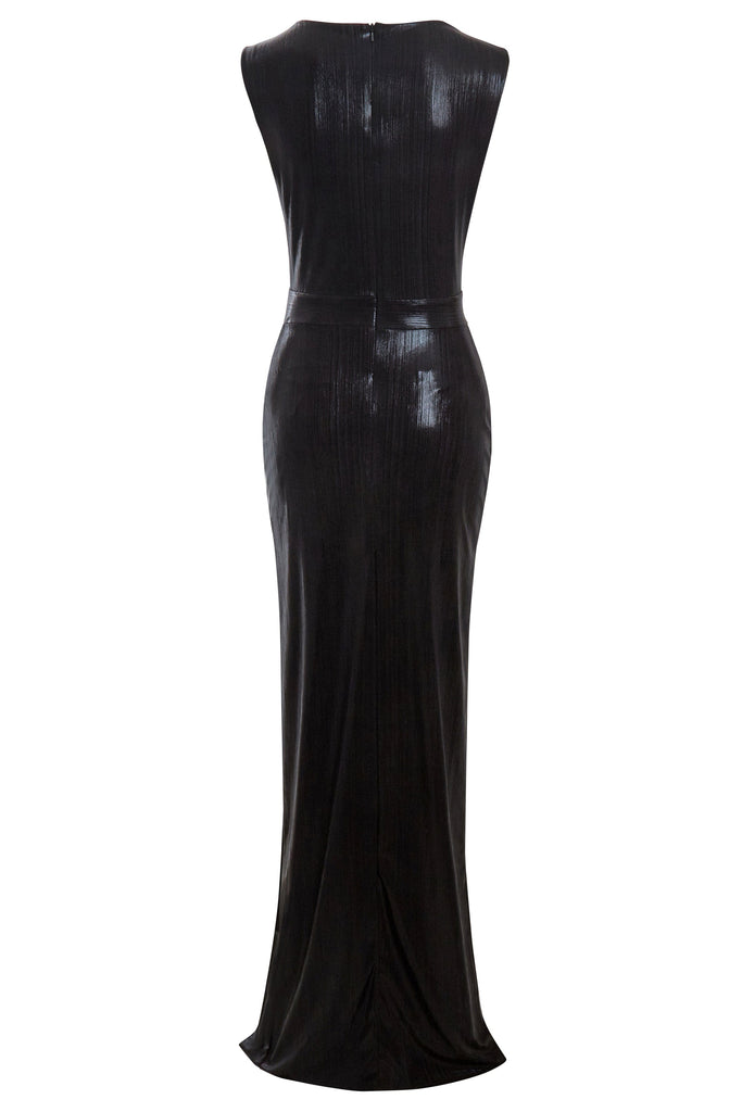 The back view of a woman in a Sarvin Black Cut Out Maxi Dress.