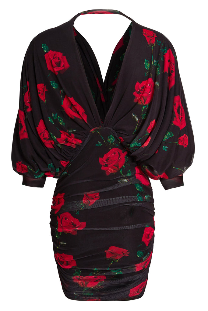 Red rose Ruched Batwing Dress