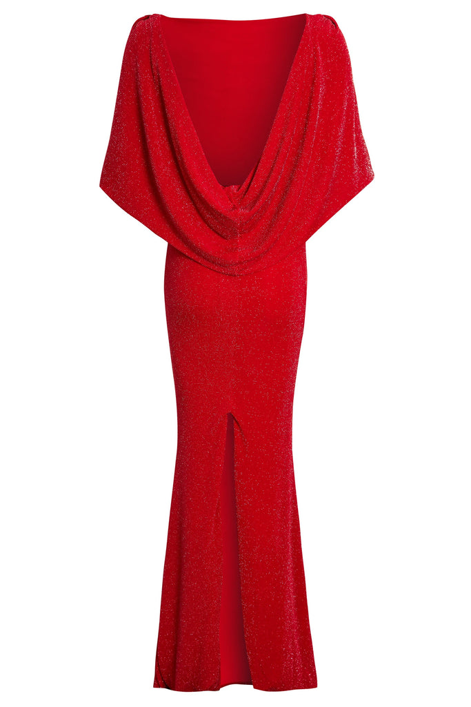 the back of a Sarvin Red Cowl Back Gown with a slit.