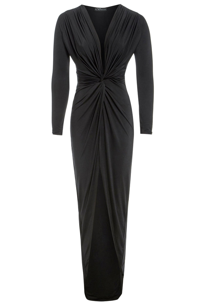 a black Low Cut Dress Plunging Neckline with a slit by Sarvin.